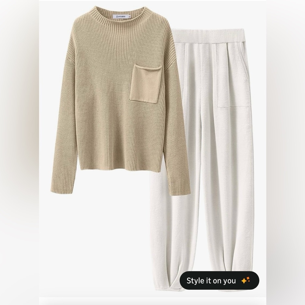 Stylish Beige Sweater and White Jogger Lounge Set